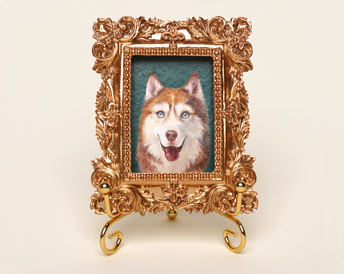 Custom Handmade Acrylic Pet Portrait in a Gold-Colored Vintage Frame