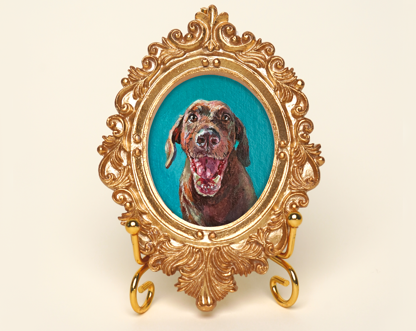 Custom Handmade Acrylic Pet Portrait in a Gold-Colored Vintage Frame