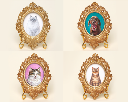 Custom Handmade Acrylic Pet Portrait in a Gold-Colored Vintage Frame