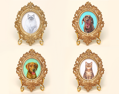 Custom Handmade Acrylic Pet Portrait in a Gold-Colored Vintage Frame